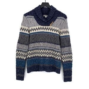 ORVIS Fair Isle Chunky Knit Cowl Neck Sweater Grey Blue Cream S